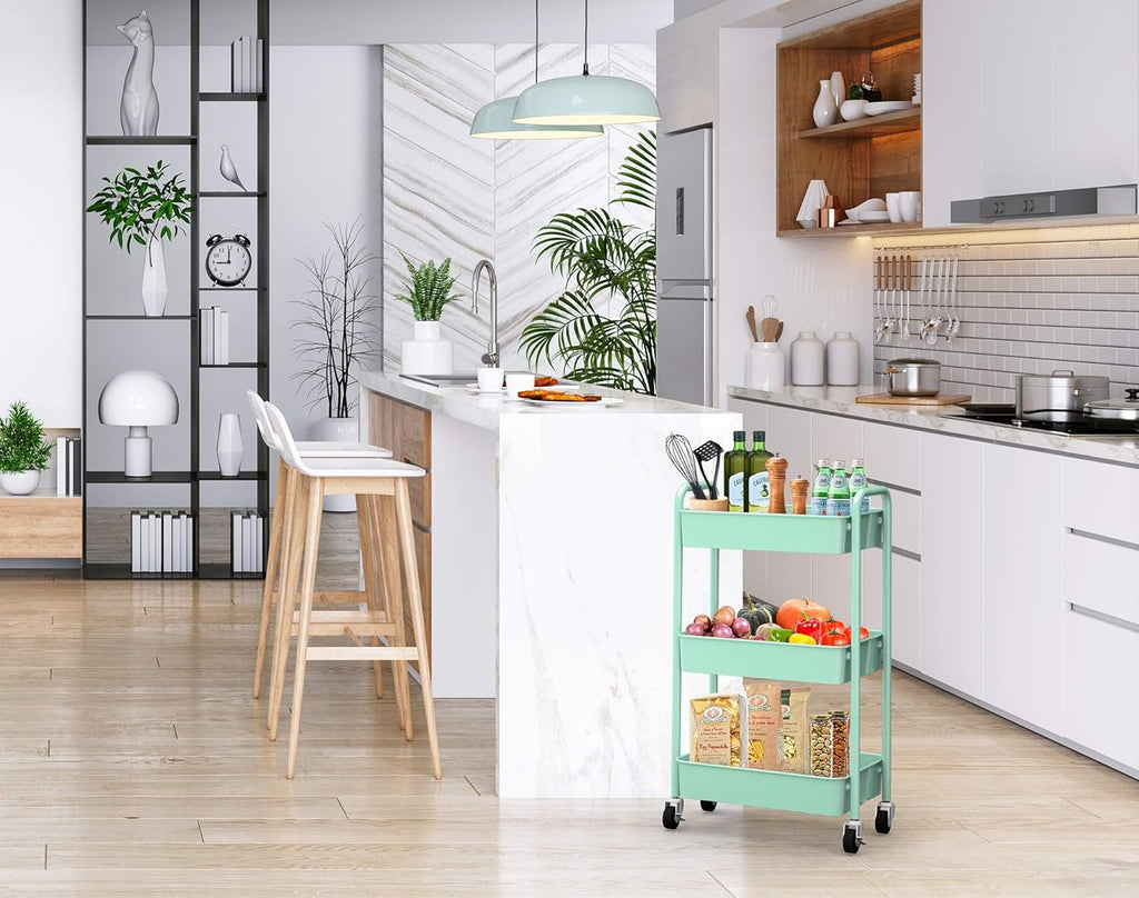 CAXXA 3-Tier Rolling Metal Storage Organizer - Mobile Utility Cart Kitchen Cart with Caster Wheels, White - Grand Goldman