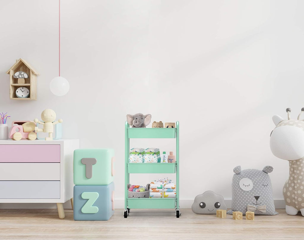 CAXXA 3-Tier Rolling Metal Storage Organizer - Mobile Utility Cart Kitchen Cart with Caster Wheels, White - Grand Goldman