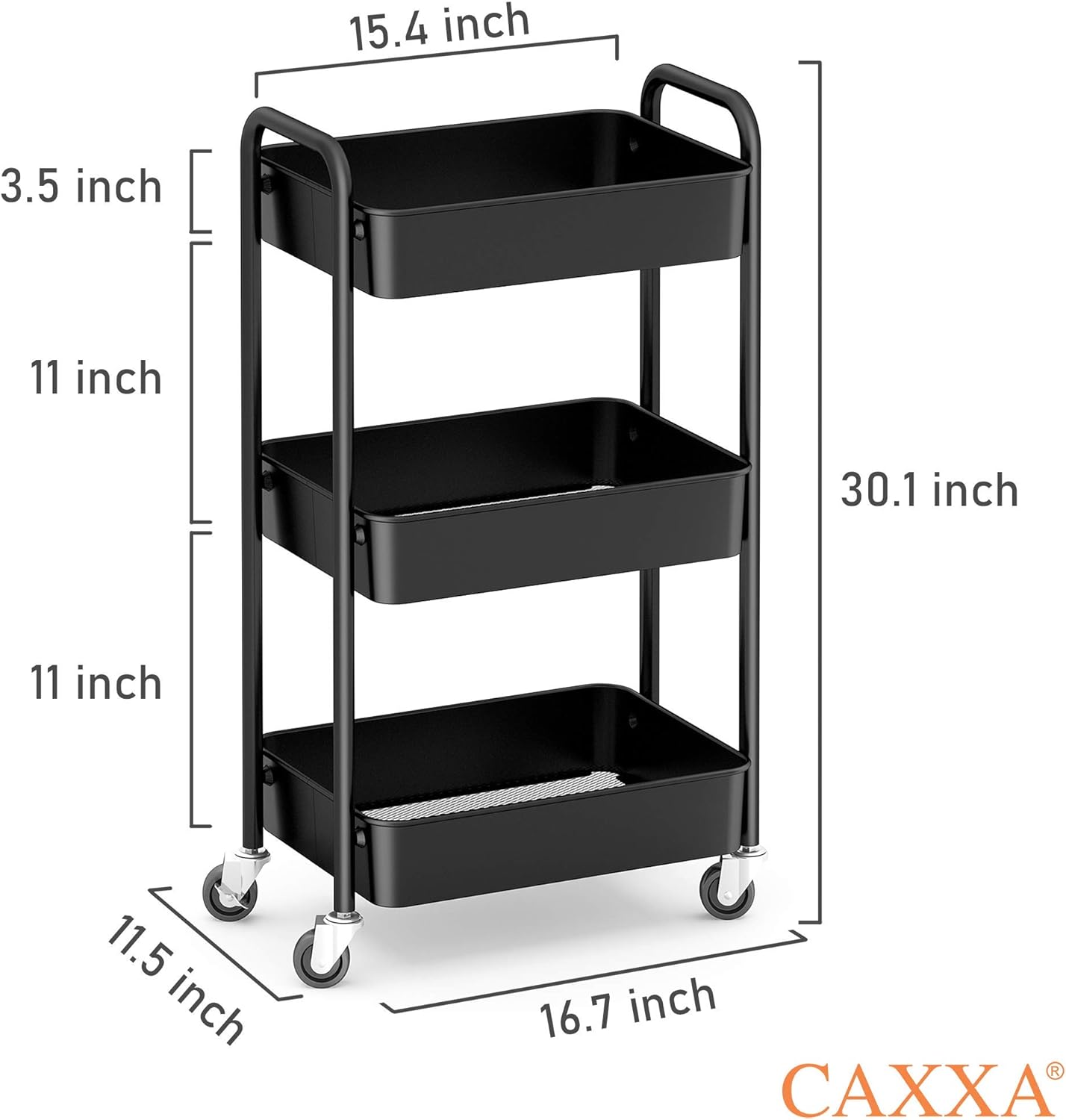 CAXXA 3-Tier Rolling Metal Storage Organizer - Mobile Utility Cart Kitchen Cart with Caster Wheels, White - Grand Goldman