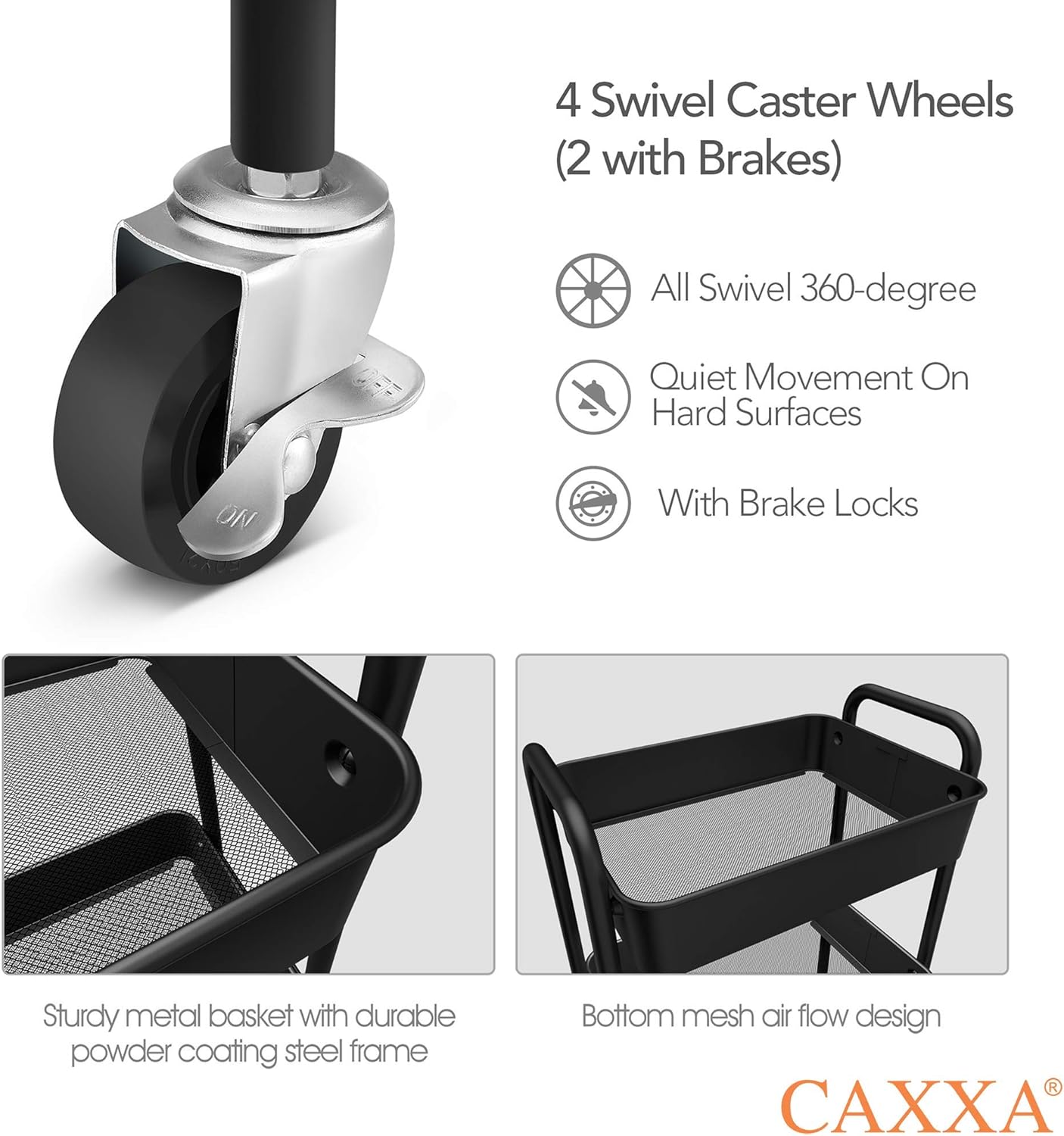 CAXXA 3-Tier Rolling Metal Storage Organizer - Mobile Utility Cart Kitchen Cart with Caster Wheels, White - Grand Goldman