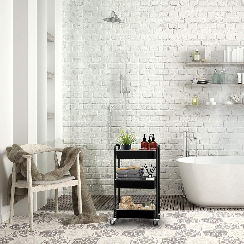 CAXXA 3-Tier Rolling Metal Storage Organizer - Mobile Utility Cart Kitchen Cart with Caster Wheels, White - Grand Goldman