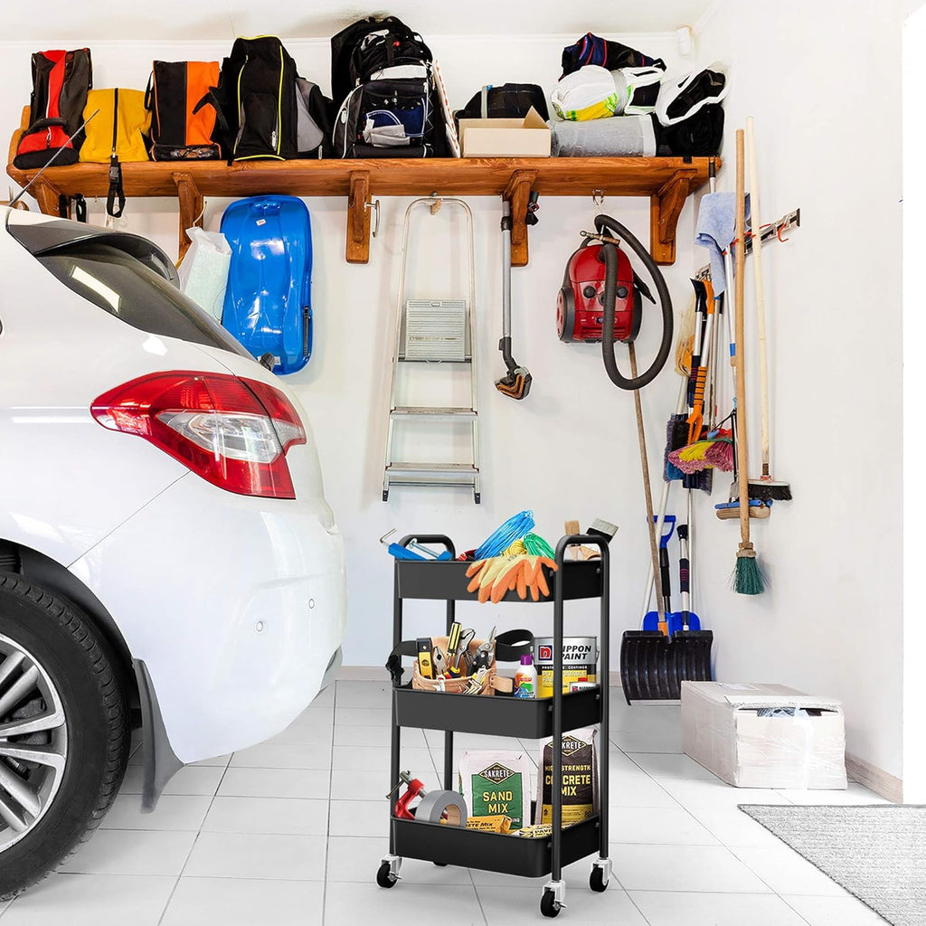 CAXXA 3-Tier Rolling Metal Storage Organizer - Mobile Utility Cart Kitchen Cart with Caster Wheels, White - Grand Goldman