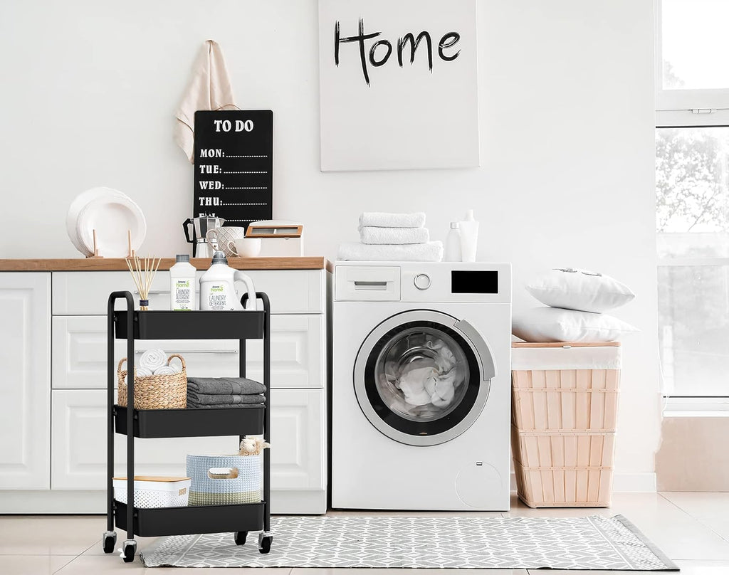 CAXXA 3-Tier Rolling Metal Storage Organizer - Mobile Utility Cart Kitchen Cart with Caster Wheels, White - Grand Goldman