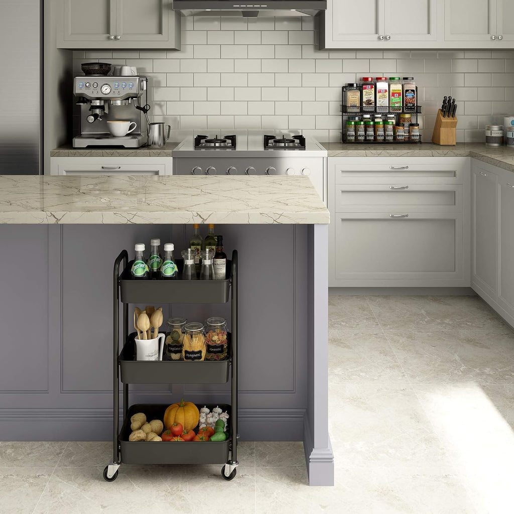 CAXXA 3-Tier Rolling Metal Storage Organizer - Mobile Utility Cart Kitchen Cart with Caster Wheels, White - Grand Goldman