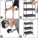 CAXXA 3-Tier Rolling Metal Storage Organizer - Mobile Utility Cart Kitchen Cart with Caster Wheels, White - Grand Goldman