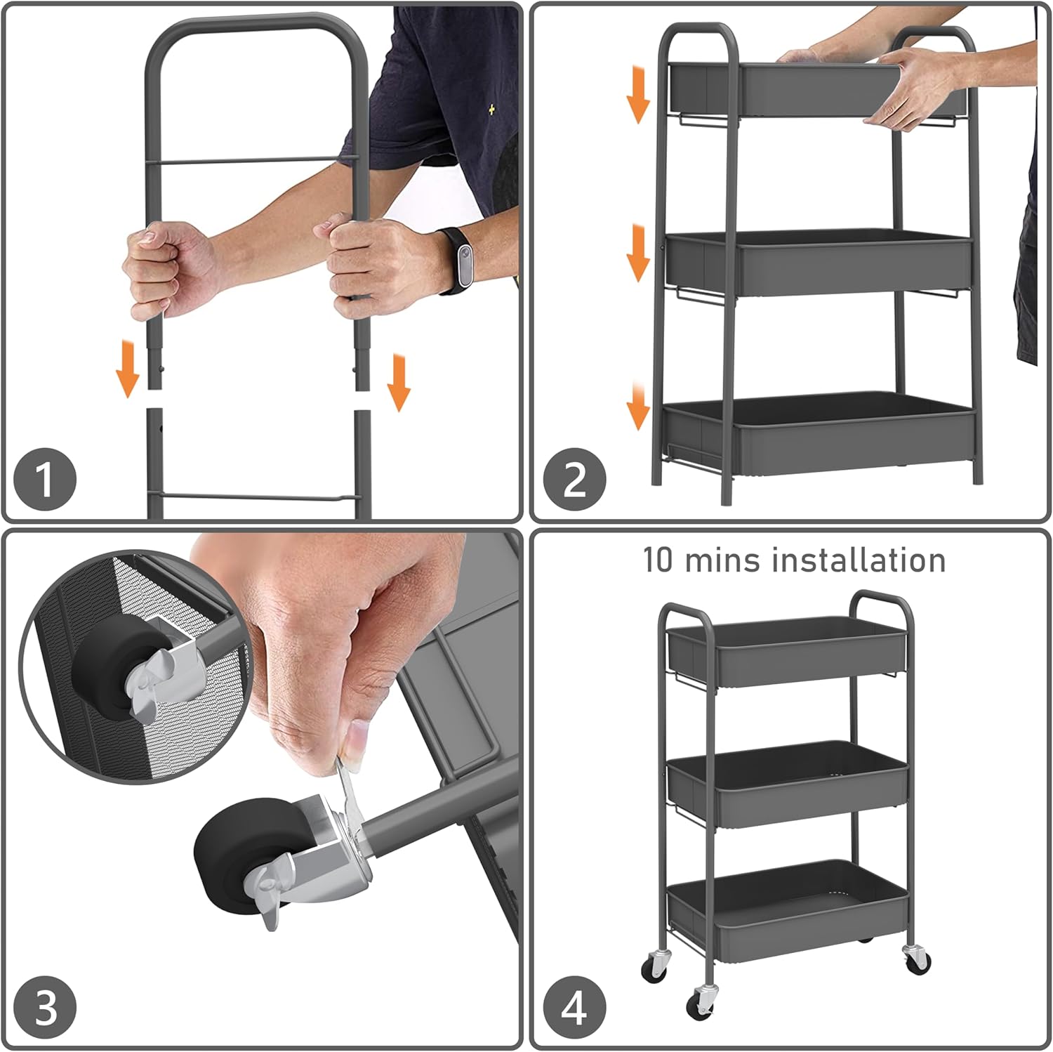 CAXXA 3-Tier Rolling Metal Storage Organizer - Mobile Utility Cart Kitchen Cart with Caster Wheels, White - Grand Goldman