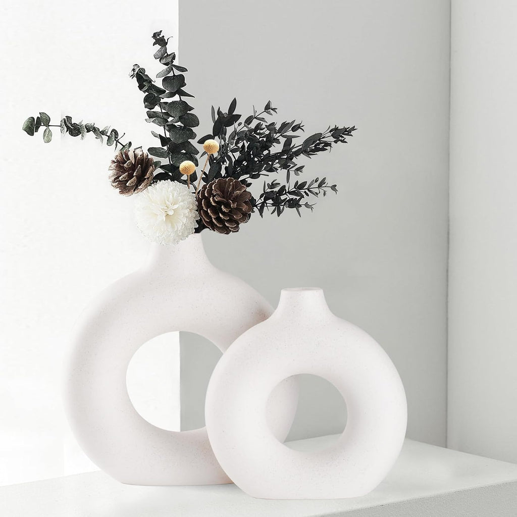 CEMABT Black Donut Vase Hollow Ceramic Vase for Flowers Handmade Minimalist Boho ins Style Modern Home Decor for Wedding Dinner Table Party Living Room Office Bedroom（M - Grand Goldman