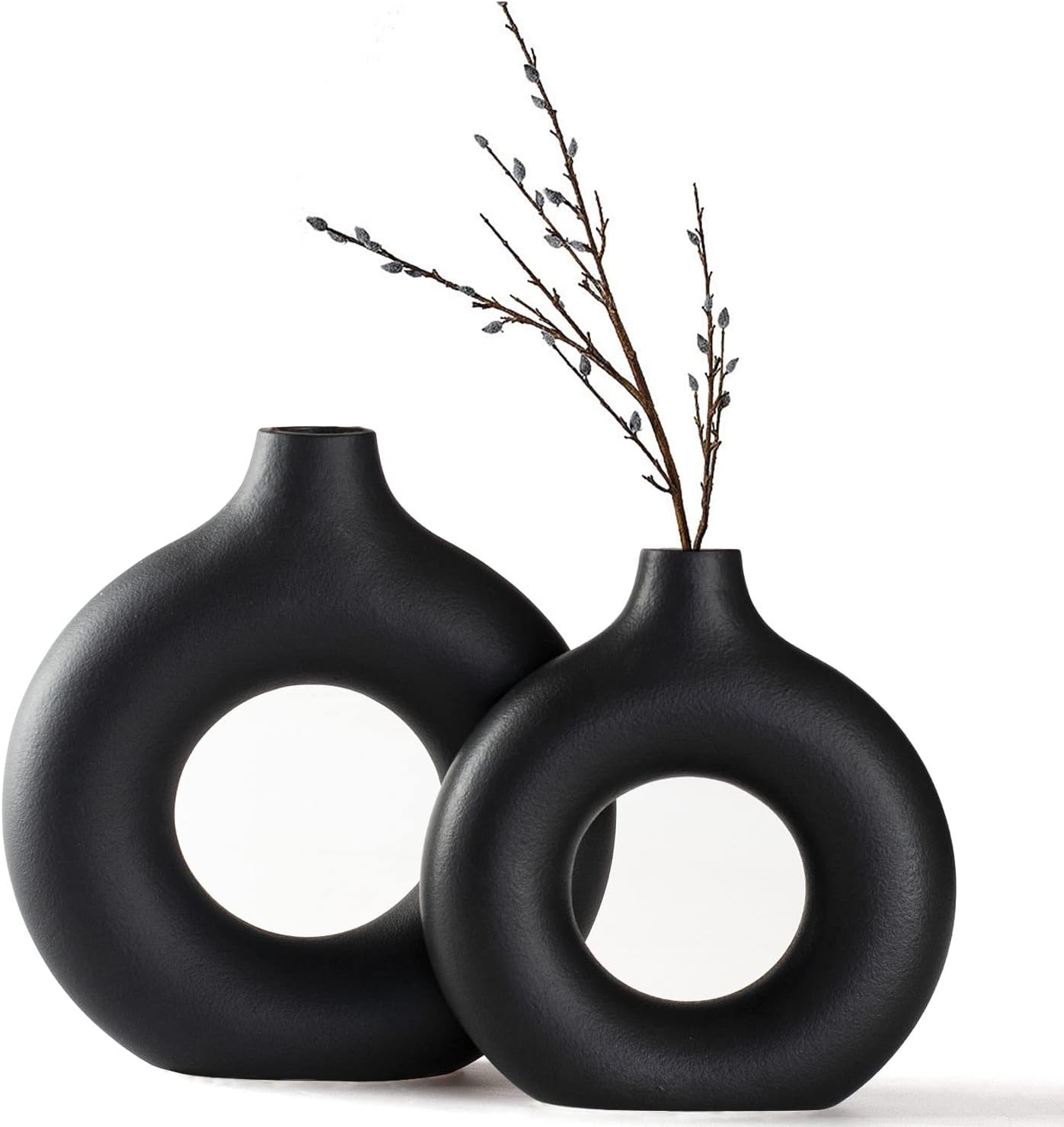 CEMABT Black Donut Vase Hollow Ceramic Vase for Flowers Handmade Minimalist Boho ins Style Modern Home Decor for Wedding Dinner Table Party Living Room Office Bedroom（M - Grand Goldman