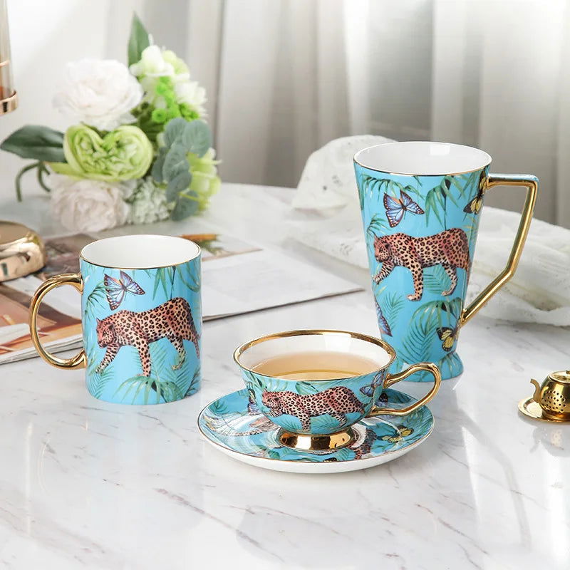 CHEETAH Luxurious Blue Jungle Print Bone China Coffee Set Hand-Painted Panther Design European Style Teapot Cups Saucers Gold Handles Gift Box 200-500ml Capacity Mother Father's Day Birthday Wedding Pack - Grand Goldman