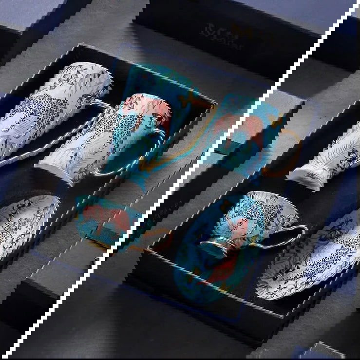 CHEETAH Luxurious Blue Jungle Print Bone China Coffee Set Hand-Painted Panther Design European Style Teapot Cups Saucers Gold Handles Gift Box 200-500ml Capacity Mother Father's Day Birthday Wedding Pack - Grand Goldman