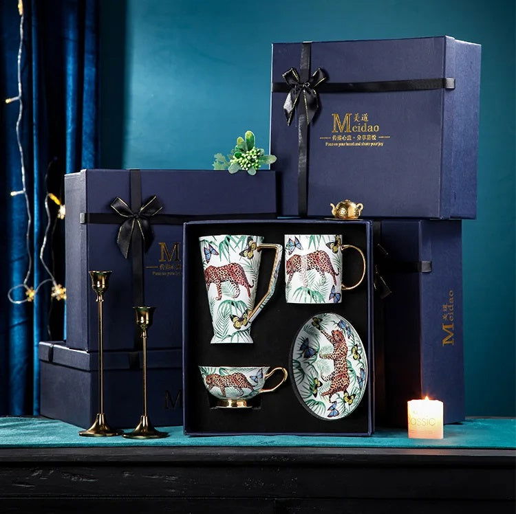 CHEETAH Luxurious Blue Jungle Print Bone China Coffee Set Hand-Painted Panther Design European Style Teapot Cups Saucers Gold Handles Gift Box 200-500ml Capacity Mother Father's Day Birthday Wedding Pack - Grand Goldman