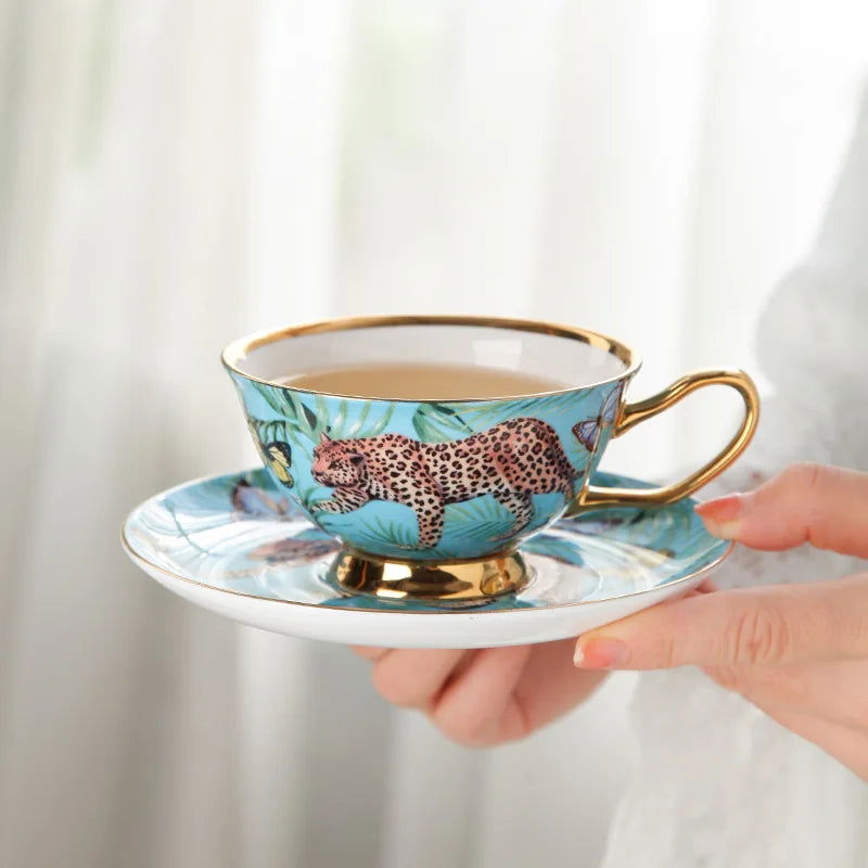 CHEETAH Luxurious Blue Jungle Print Bone China Coffee Set Hand-Painted Panther Design European Style Teapot Cups Saucers Gold Handles Gift Box 200-500ml Capacity Mother Father's Day Birthday Wedding Pack - Grand Goldman