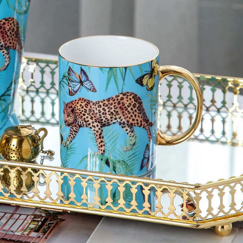 CHEETAH Luxurious Blue Jungle Print Bone China Coffee Set Hand-Painted Panther Design European Style Teapot Cups Saucers Gold Handles Gift Box 200-500ml Capacity Mother Father's Day Birthday Wedding Pack - Grand Goldman