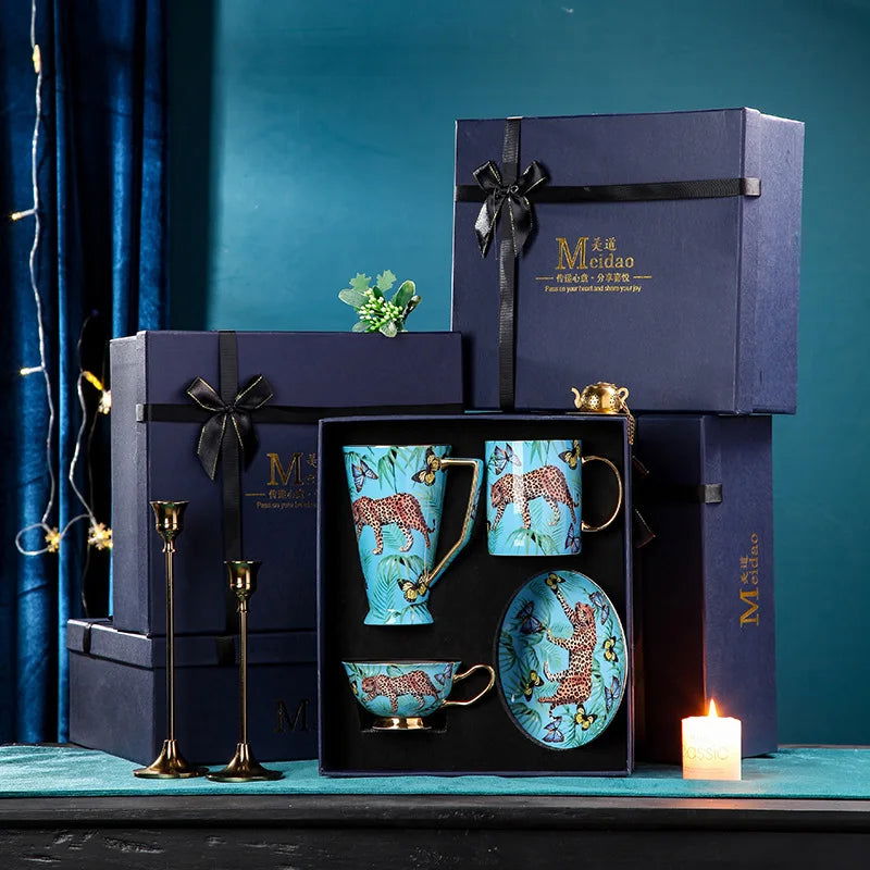 CHEETAH Luxurious Blue Jungle Print Bone China Coffee Set Hand-Painted Panther Design European Style Teapot Cups Saucers Gold Handles Gift Box 200-500ml Capacity Mother Father's Day Birthday Wedding Pack - Grand Goldman