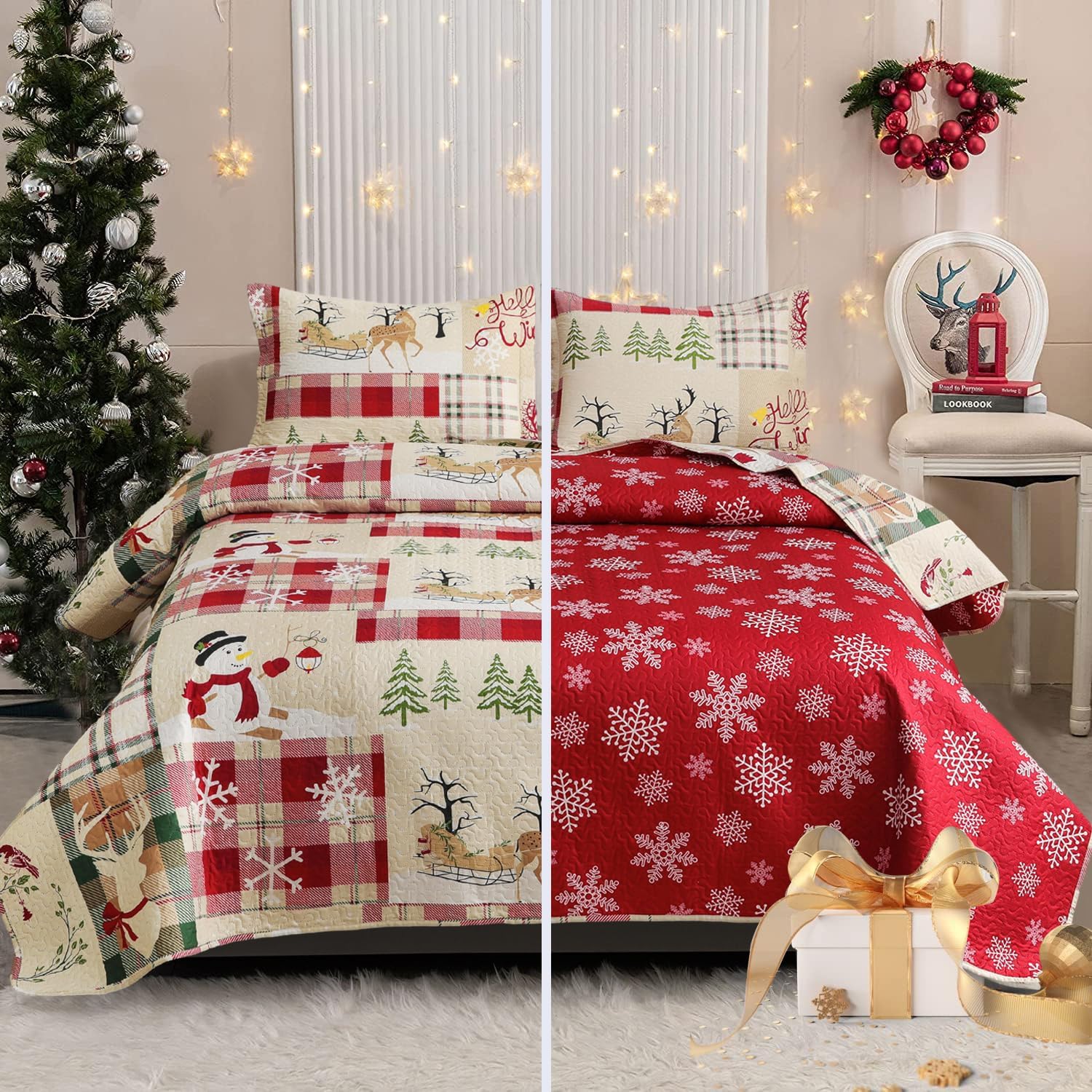 CHESITY King Christmas Bedding Christmas Deer Bedding Sets Reindeer Quilt Holiday Christmas Bedspread Blanket Coverlet Comforter Set for Winter Snowflakes Lantern Pattern (96"x108") - Grand Goldman