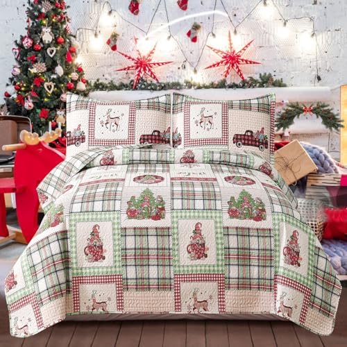 CHESITY King Christmas Bedding Christmas Deer Bedding Sets Reindeer Quilt Holiday Christmas Bedspread Blanket Coverlet Comforter Set for Winter Snowflakes Lantern Pattern (96"x108") - Grand Goldman