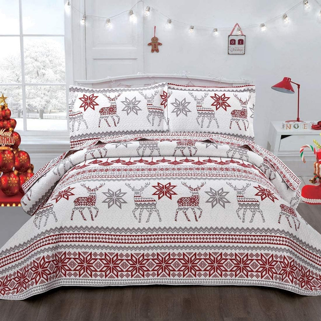 CHESITY King Christmas Bedding Christmas Deer Bedding Sets Reindeer Quilt Holiday Christmas Bedspread Blanket Coverlet Comforter Set for Winter Snowflakes Lantern Pattern (96"x108") - Grand Goldman