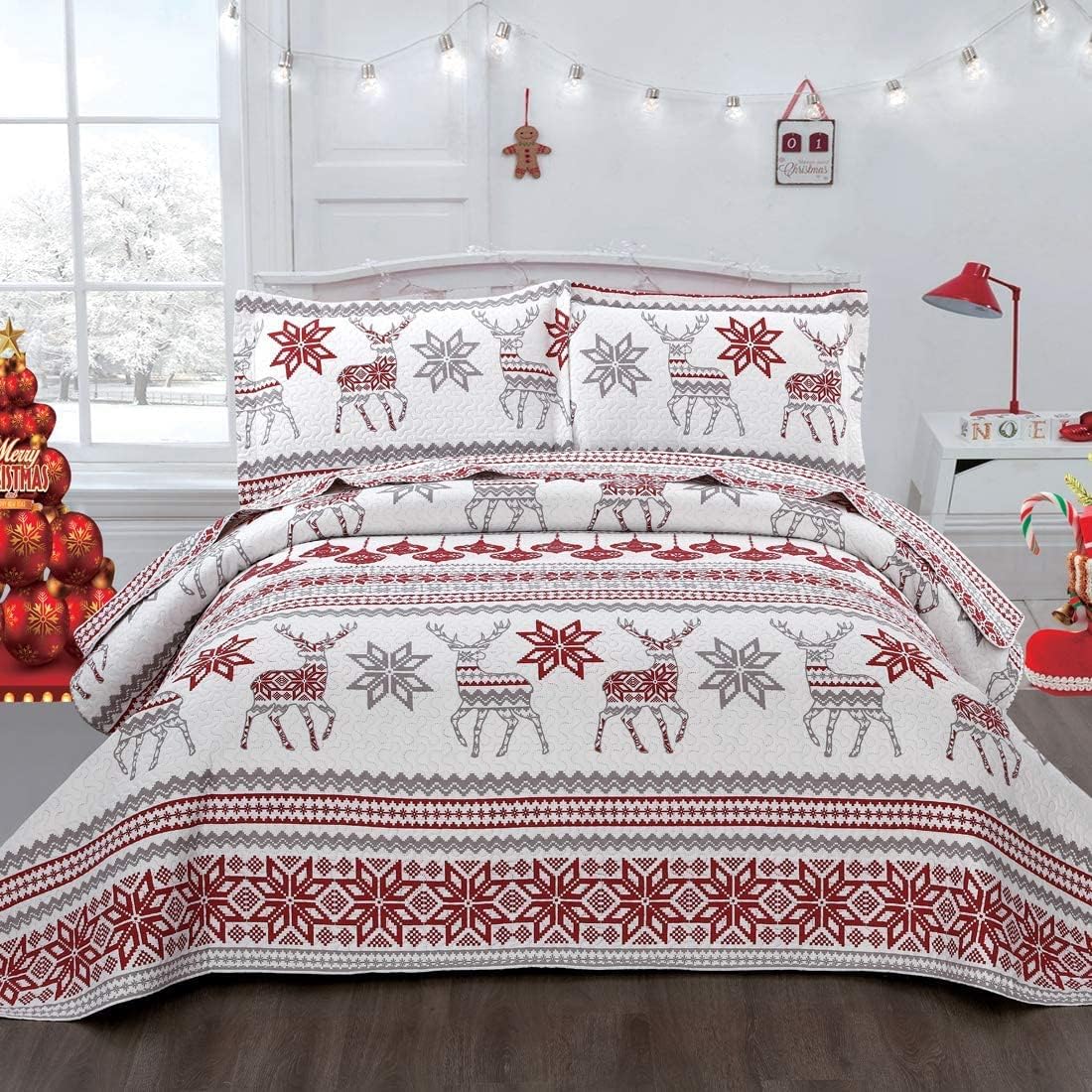 CHESITY King Christmas Bedding Christmas Deer Bedding Sets Reindeer Quilt Holiday Christmas Bedspread Blanket Coverlet Comforter Set for Winter Snowflakes Lantern Pattern (96"x108") - Grand Goldman