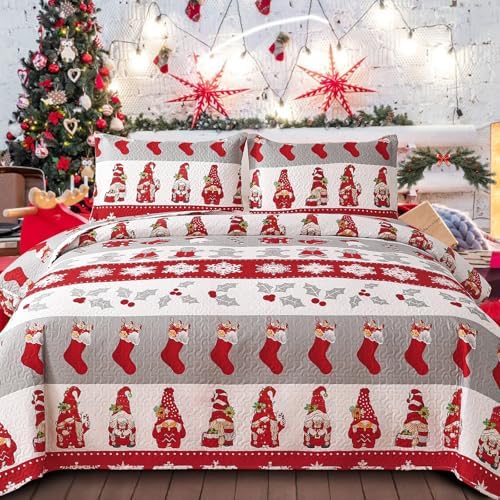 CHESITY King Christmas Bedding Christmas Deer Bedding Sets Reindeer Quilt Holiday Christmas Bedspread Blanket Coverlet Comforter Set for Winter Snowflakes Lantern Pattern (96"x108") - Grand Goldman