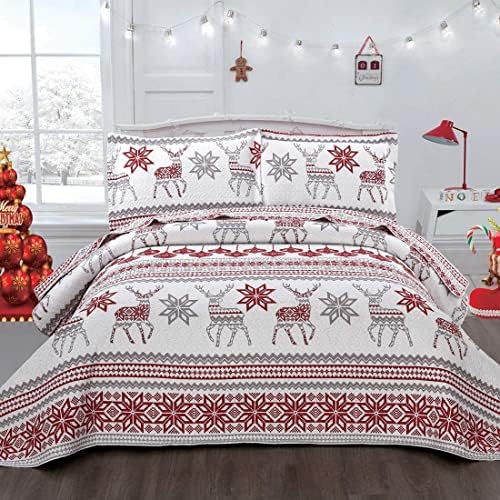 CHESITY King Christmas Bedding Christmas Deer Bedding Sets Reindeer Quilt Holiday Christmas Bedspread Blanket Coverlet Comforter Set for Winter Snowflakes Lantern Pattern (96"x108") - Grand Goldman