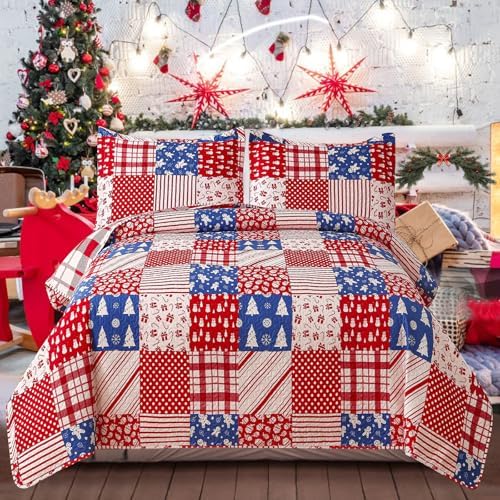 CHESITY King Christmas Bedding Christmas Deer Bedding Sets Reindeer Quilt Holiday Christmas Bedspread Blanket Coverlet Comforter Set for Winter Snowflakes Lantern Pattern (96"x108") - Grand Goldman