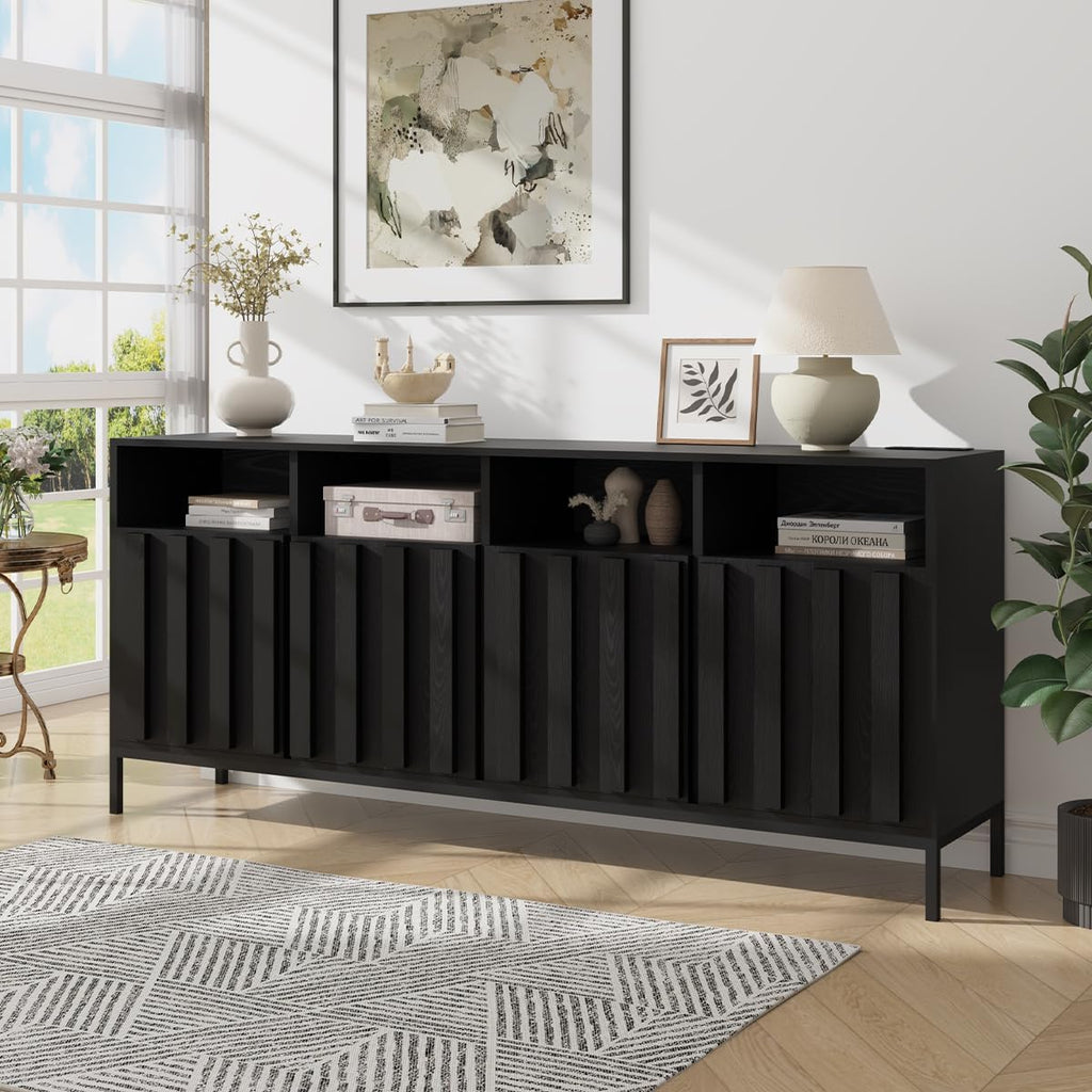 COCO DESIGN 70" Large Buffet Sideboard Cabinet with Fluted Panel Doors, Storage Cabinet with Power Strip and Adjustable Shelves, Modern Farmhouse Accent Console Credenza for Living Room, Black - Grand Goldman