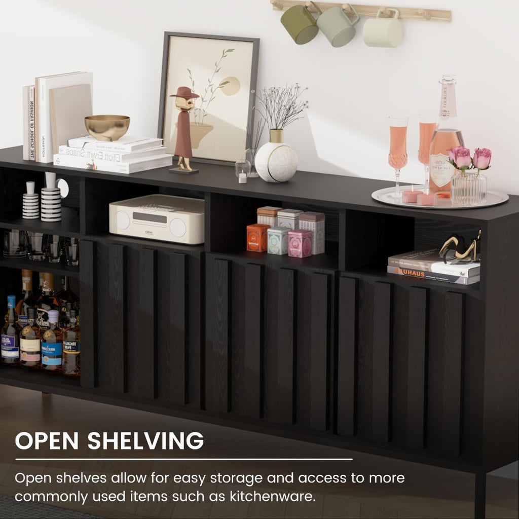 COCO DESIGN 70" Large Buffet Sideboard Cabinet with Fluted Panel Doors, Storage Cabinet with Power Strip and Adjustable Shelves, Modern Farmhouse Accent Console Credenza for Living Room, Black - Grand Goldman