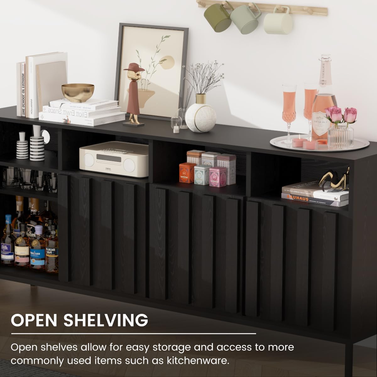 COCO DESIGN 70" Large Buffet Sideboard Cabinet with Fluted Panel Doors, Storage Cabinet with Power Strip and Adjustable Shelves, Modern Farmhouse Accent Console Credenza for Living Room, Black - Grand Goldman