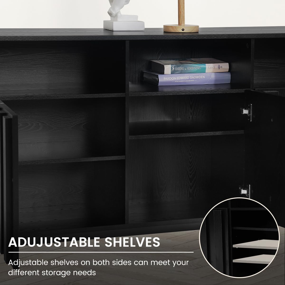 COCO DESIGN 70" Large Buffet Sideboard Cabinet with Fluted Panel Doors, Storage Cabinet with Power Strip and Adjustable Shelves, Modern Farmhouse Accent Console Credenza for Living Room, Black - Grand Goldman