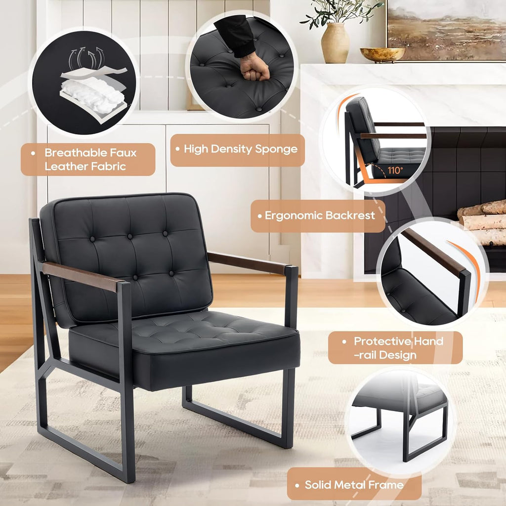 COLAMY Mid Century Modern Accent Chair Set of 2, Comfy Living Room Chair, Black Leather Accent Chair, Faux Leather Reception Armchair with Metal Legs for Living Room Bedroom Reception Office, Black - Grand Goldman
