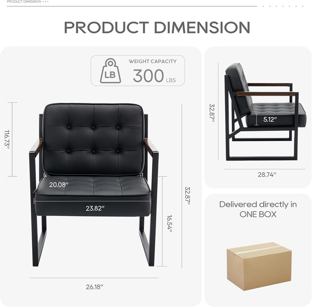 COLAMY Mid Century Modern Accent Chair Set of 2, Comfy Living Room Chair, Black Leather Accent Chair, Faux Leather Reception Armchair with Metal Legs for Living Room Bedroom Reception Office, Black - Grand Goldman