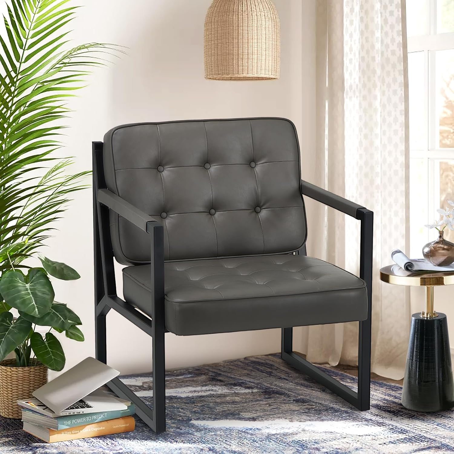 COLAMY Mid Century Modern Accent Chair Set of 2, Comfy Living Room Chair, Black Leather Accent Chair, Faux Leather Reception Armchair with Metal Legs for Living Room Bedroom Reception Office, Black - Grand Goldman