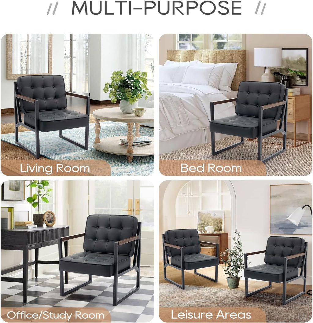 COLAMY Mid Century Modern Accent Chair Set of 2, Comfy Living Room Chair, Black Leather Accent Chair, Faux Leather Reception Armchair with Metal Legs for Living Room Bedroom Reception Office, Black - Grand Goldman