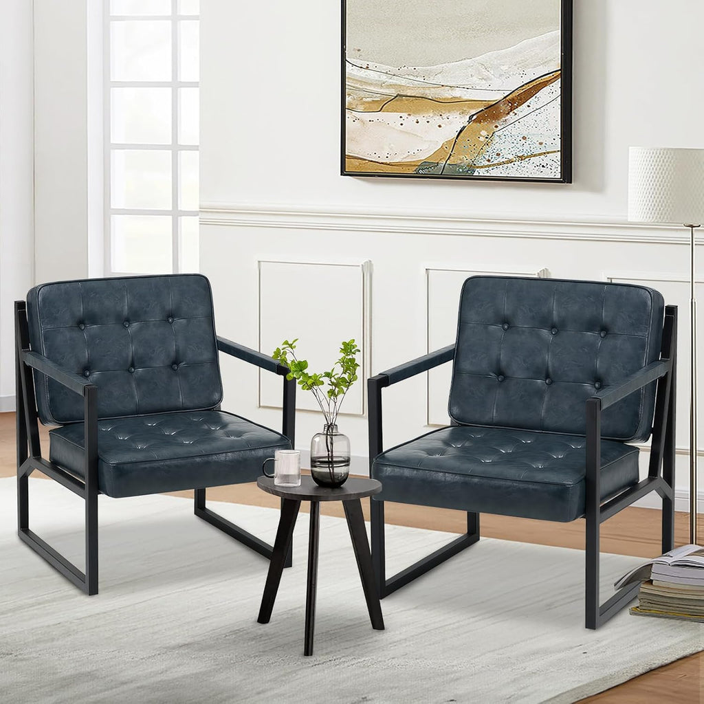 COLAMY Mid Century Modern Accent Chair Set of 2, Comfy Living Room Chair, Black Leather Accent Chair, Faux Leather Reception Armchair with Metal Legs for Living Room Bedroom Reception Office, Black - Grand Goldman
