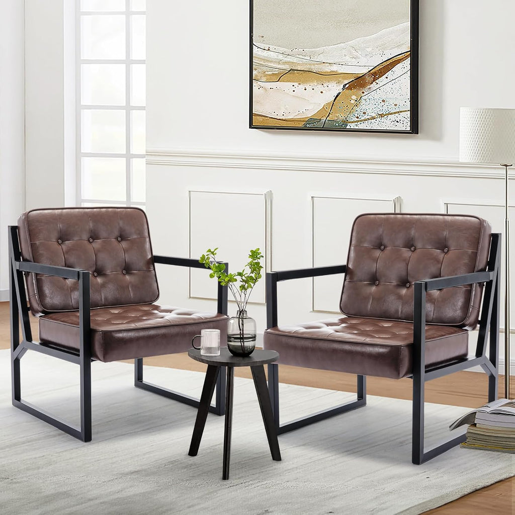 COLAMY Mid Century Modern Accent Chair Set of 2, Comfy Living Room Chair, Black Leather Accent Chair, Faux Leather Reception Armchair with Metal Legs for Living Room Bedroom Reception Office, Black - Grand Goldman