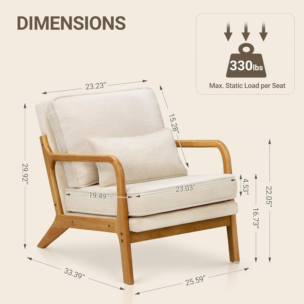 COLAMY Mid Century Modern Accent Chair with Lumbar Pillow, Relaxing Armchair with Solid Wood Frame & Soft Cushion, Reading Leisure Chair for Living Room,Bedroom,Waiting Room（Beige） - Grand Goldman