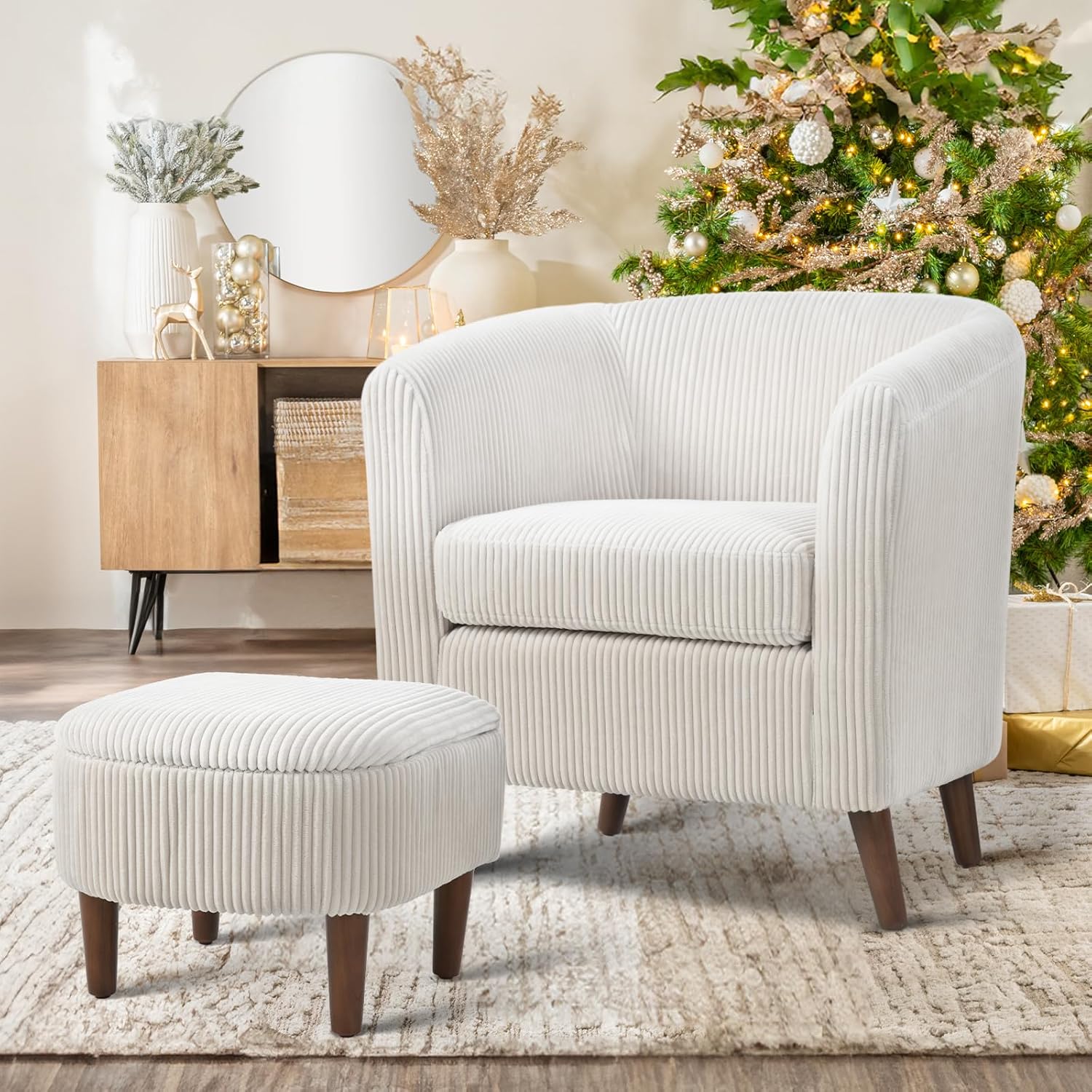 COLAMY Modern Accent Chair with Storage Ottoman, Upholstered Corduroy Barrel Living Room Chair, Armchair Single Sofa for Bedroom/Reading Spaces/Office, Cream - Grand Goldman