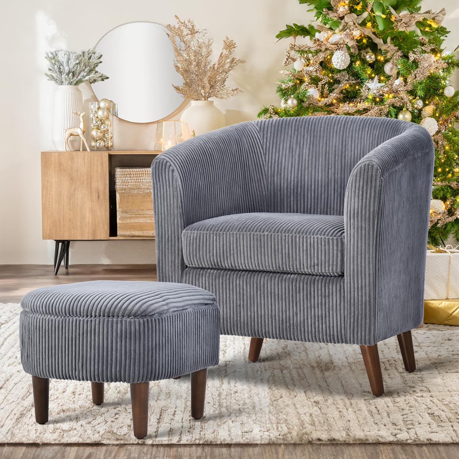 COLAMY Modern Accent Chair with Storage Ottoman, Upholstered Corduroy Barrel Living Room Chair, Armchair Single Sofa for Bedroom/Reading Spaces/Office, Cream - Grand Goldman