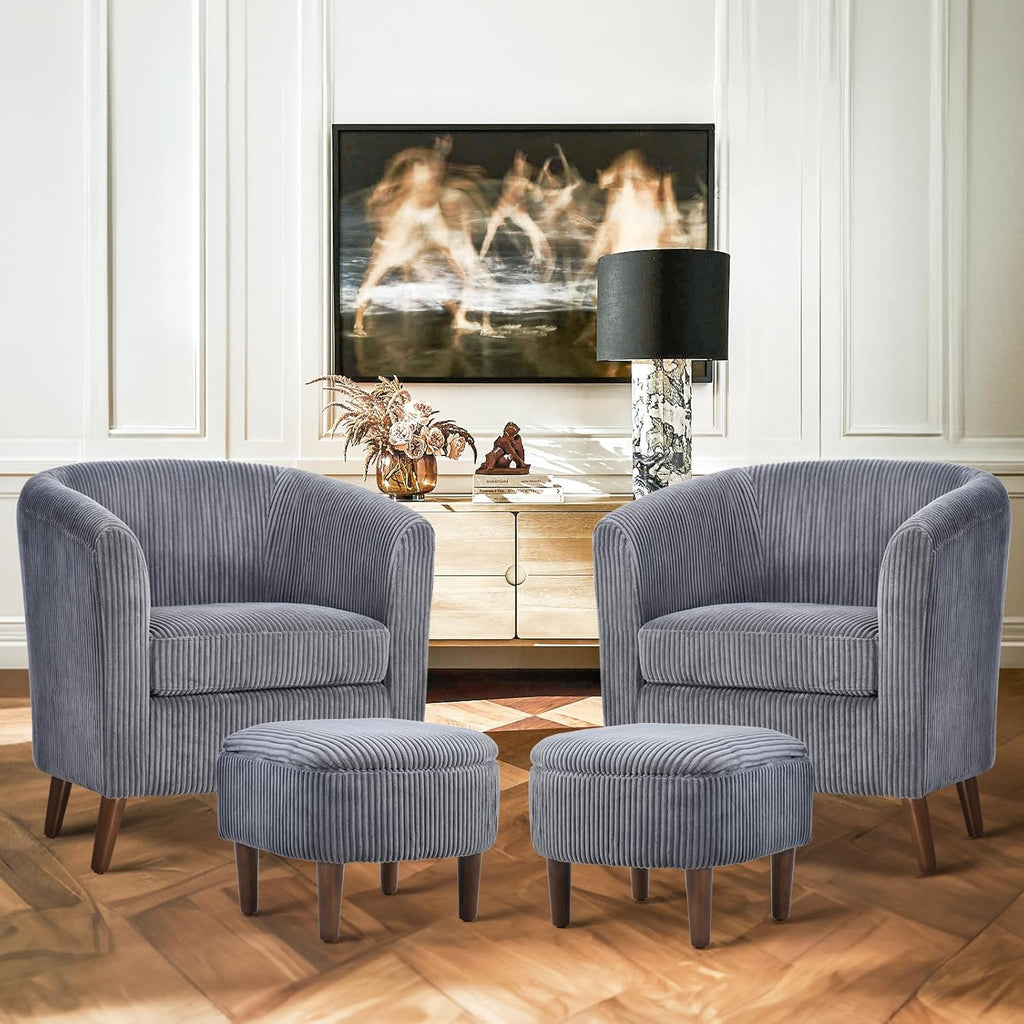 COLAMY Modern Accent Chair with Storage Ottoman, Upholstered Corduroy Barrel Living Room Chair, Armchair Single Sofa for Bedroom/Reading Spaces/Office, Cream - Grand Goldman