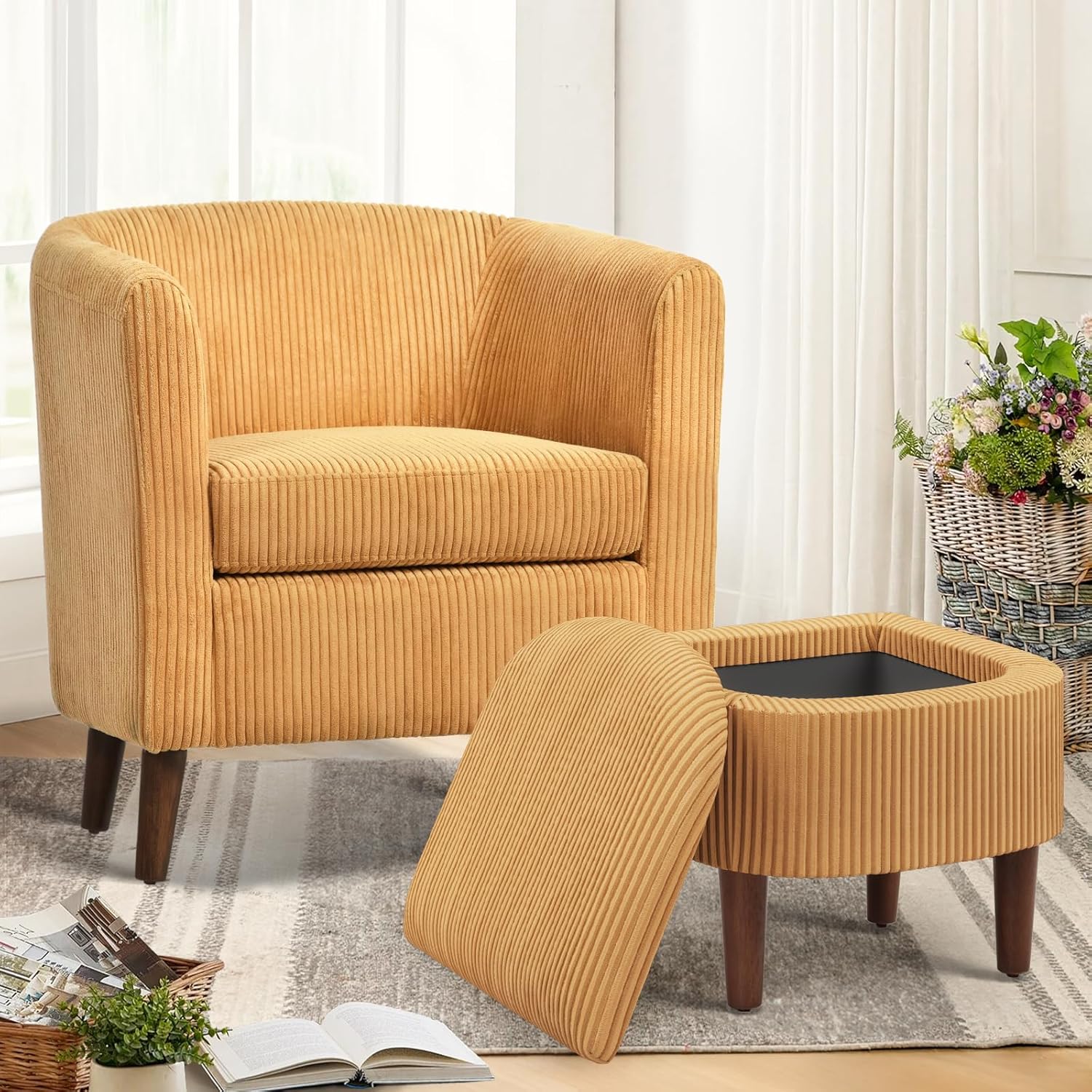 COLAMY Modern Accent Chair with Storage Ottoman, Upholstered Corduroy Barrel Living Room Chair, Armchair Single Sofa for Bedroom/Reading Spaces/Office, Cream - Grand Goldman