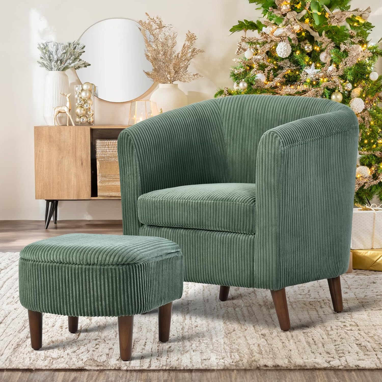 COLAMY Modern Accent Chair with Storage Ottoman, Upholstered Corduroy Barrel Living Room Chair, Armchair Single Sofa for Bedroom/Reading Spaces/Office, Cream - Grand Goldman