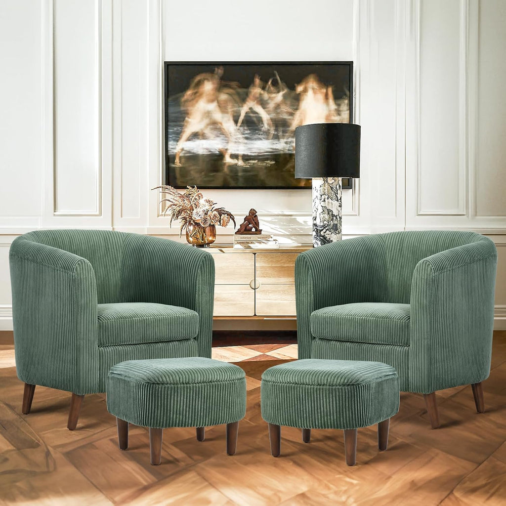 COLAMY Modern Accent Chair with Storage Ottoman, Upholstered Corduroy Barrel Living Room Chair, Armchair Single Sofa for Bedroom/Reading Spaces/Office, Cream - Grand Goldman