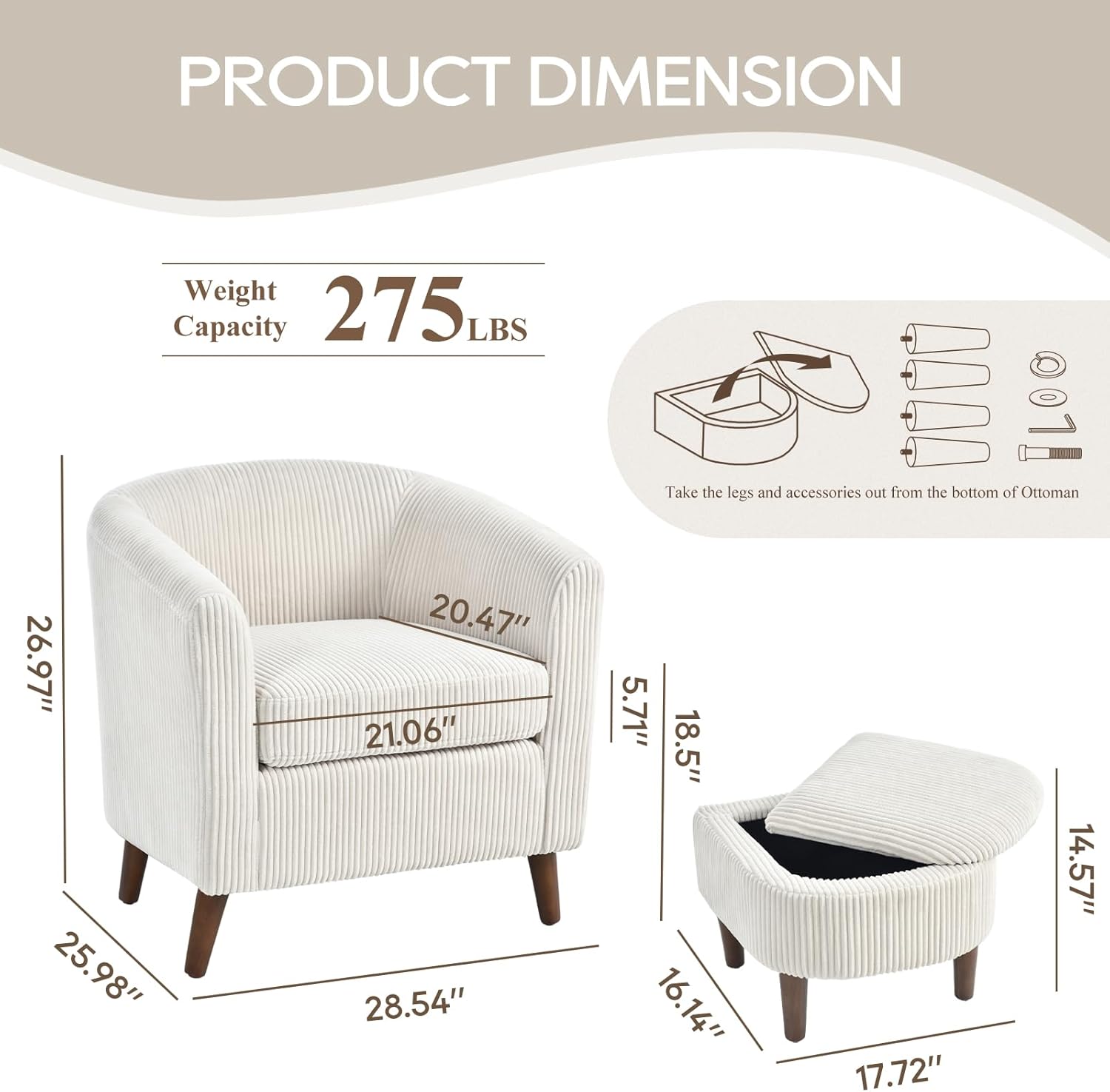 COLAMY Modern Accent Chair with Storage Ottoman, Upholstered Corduroy Barrel Living Room Chair, Armchair Single Sofa for Bedroom/Reading Spaces/Office, Cream - Grand Goldman