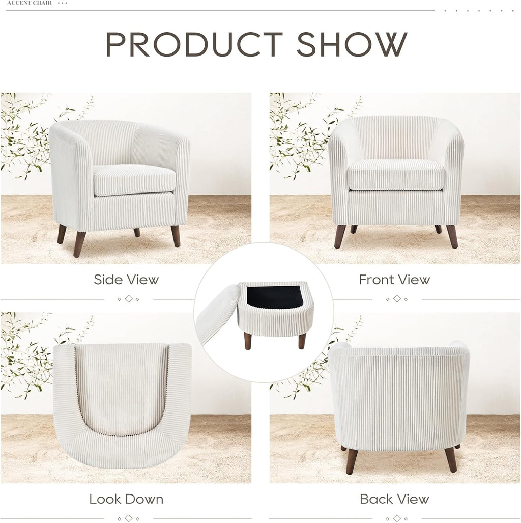 COLAMY Modern Accent Chair with Storage Ottoman, Upholstered Corduroy Barrel Living Room Chair, Armchair Single Sofa for Bedroom/Reading Spaces/Office, Cream - Grand Goldman