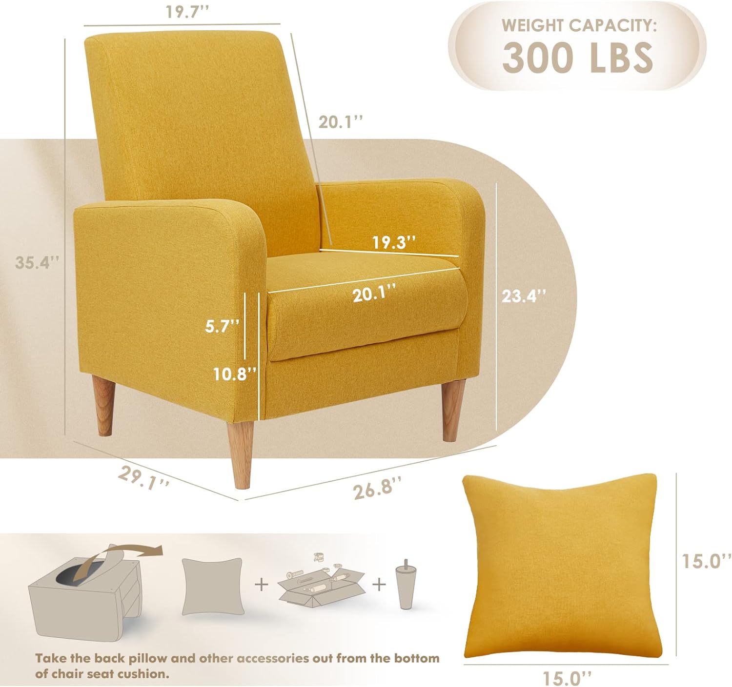 COLAMY Modern Upholstered Accent Chair Armchair with Pillow, Fabric Reading Living Room Side Chair,Single Sofa with Lounge Seat and Wood Legs, Yellow - Grand Goldman
