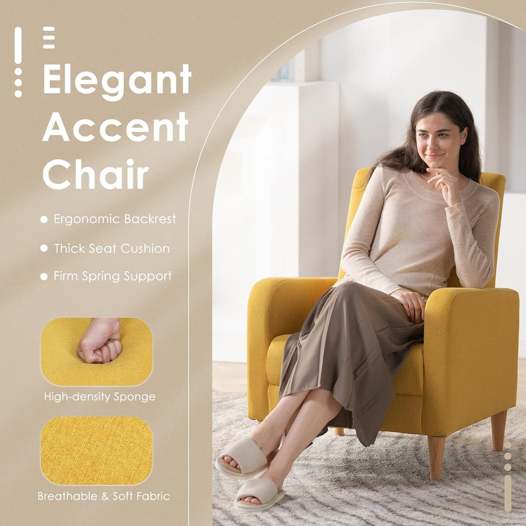COLAMY Modern Upholstered Accent Chair Armchair with Pillow, Fabric Reading Living Room Side Chair,Single Sofa with Lounge Seat and Wood Legs, Yellow - Grand Goldman