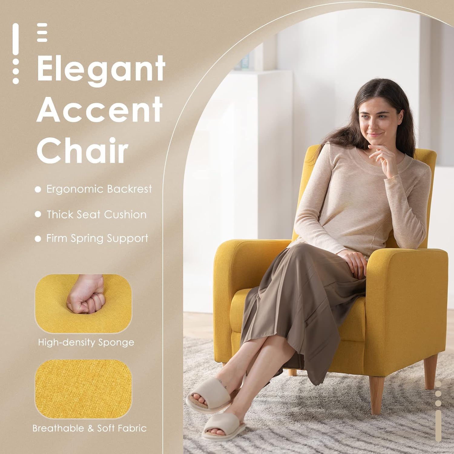 COLAMY Modern Upholstered Accent Chair Armchair with Pillow, Fabric Reading Living Room Side Chair,Single Sofa with Lounge Seat and Wood Legs, Yellow - Grand Goldman