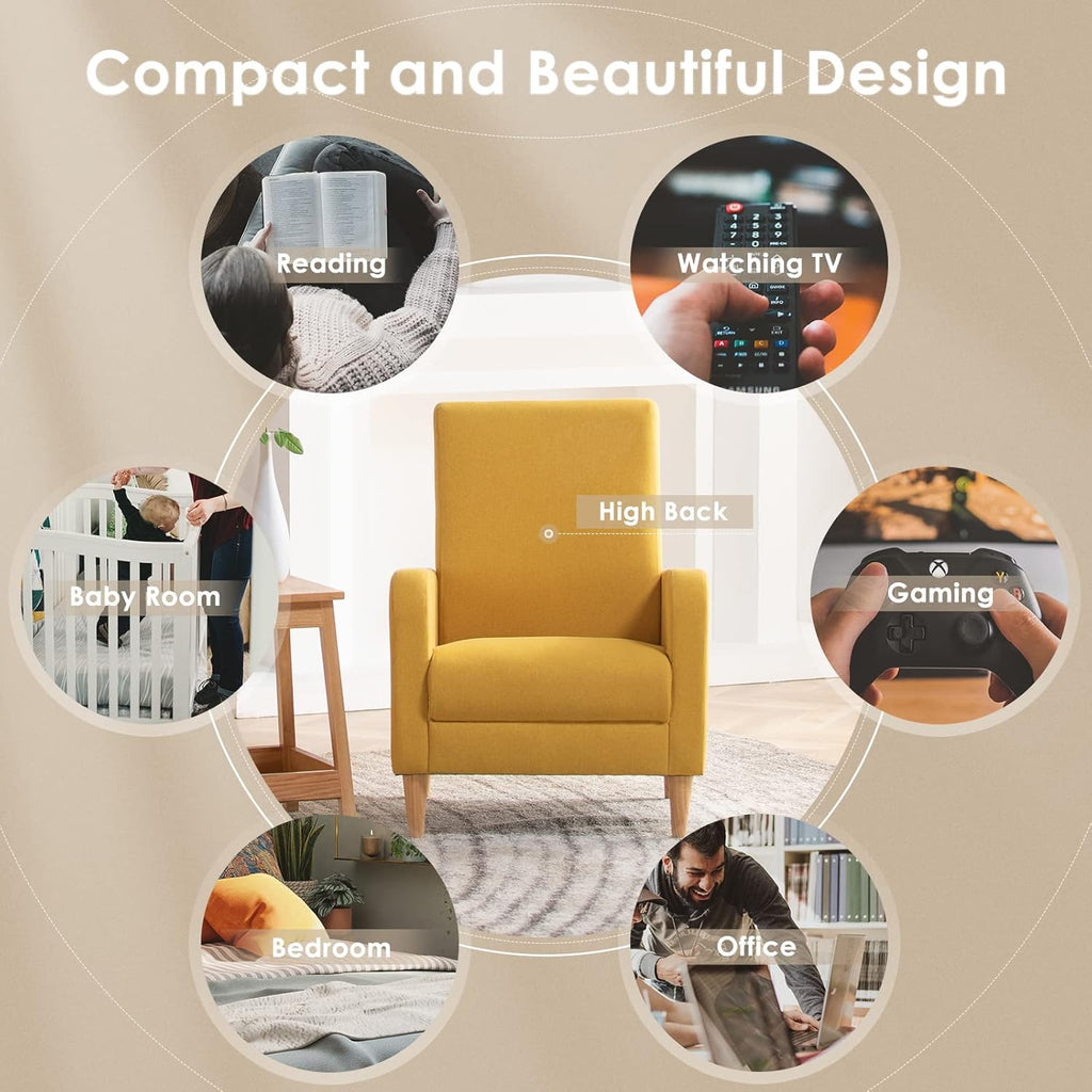 COLAMY Modern Upholstered Accent Chair Armchair with Pillow, Fabric Reading Living Room Side Chair,Single Sofa with Lounge Seat and Wood Legs, Yellow - Grand Goldman