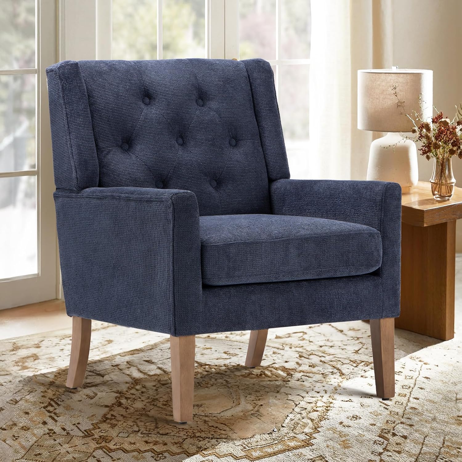 COLAMY Modern Wingback Living Room Chair, Upholstered Fabric Accent Armchair, Single Sofa Chair with Lounge Seat and Wood Legs for Bedroom/Office/Reading Spaces, Beige - Grand Goldman