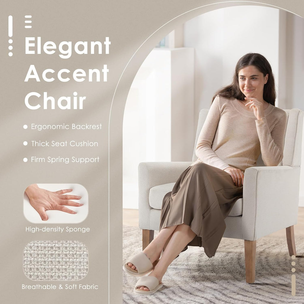 COLAMY Modern Wingback Living Room Chair, Upholstered Fabric Accent Armchair, Single Sofa Chair with Lounge Seat and Wood Legs for Bedroom/Office/Reading Spaces, Beige - Grand Goldman